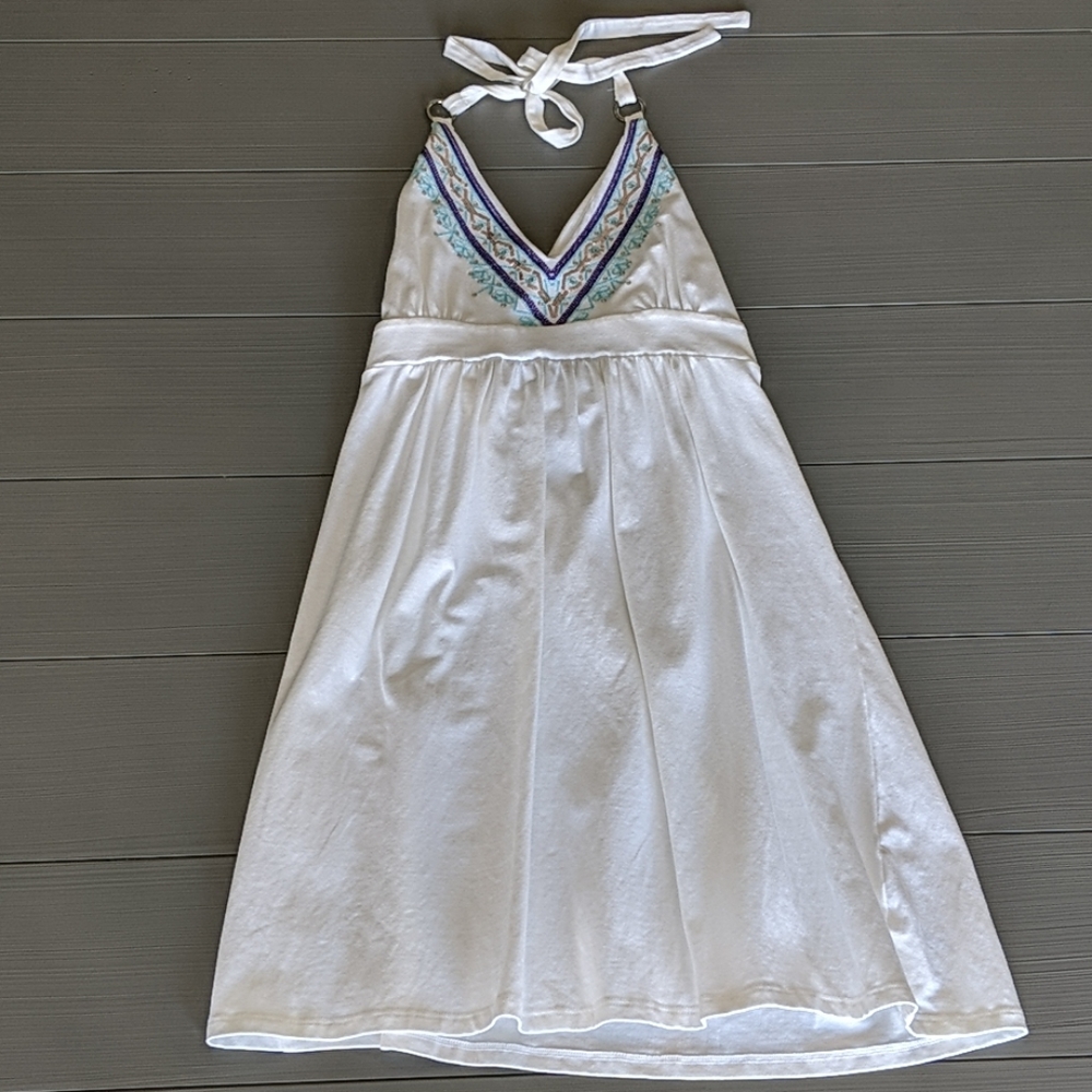 Victoria's Secret White Halter Dress with Blue & Purple  Embroidery